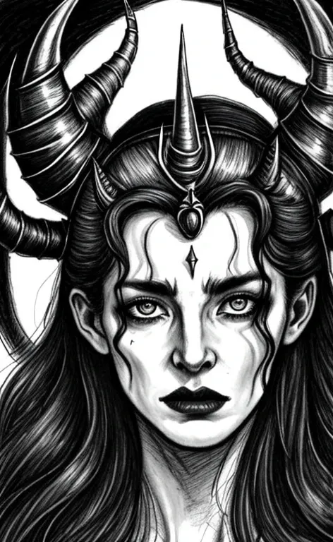 a drawing of a woman with horns and a crown on her head, epic pencil illustration, regal and menacing visage, symmetry!! portrait of hades, greek dark myth, amazing d & d dark sun art, berserk art style, the former demon king, demoness, dark fantasy mixed ...