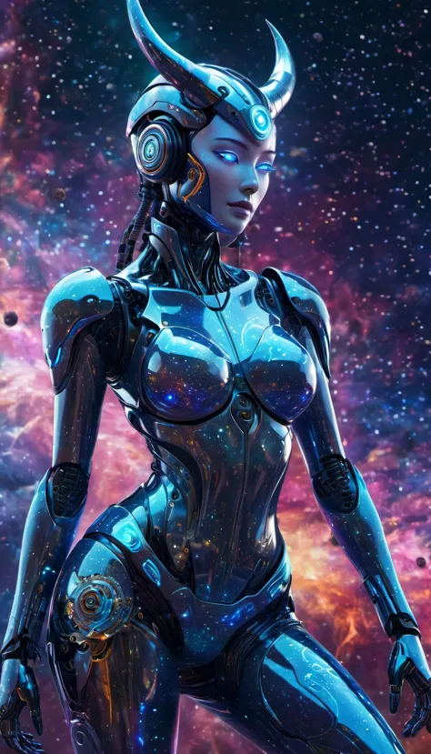 (best quality, highres), detailed close-up of a futuristic female robot with gears exposed on her tight thigh-length suit, featuring horns. The robot is floating in mid-air against a backdrop of swirling interstellar nebulas and pulsating waves of stardust...