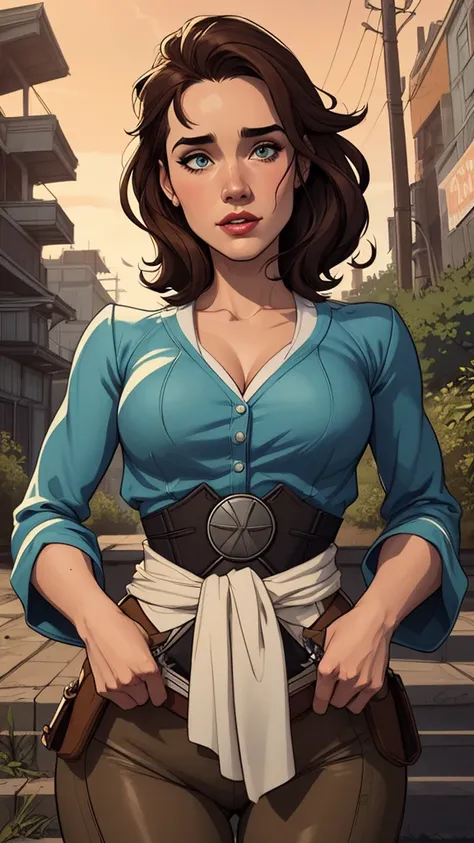 Personagem feminina armada com um .38 em estilo ocidental atompunk Fallout 4 Jennifer Connelly le com cicatrizes de guerra Imagem de desenho animado de uma mulher .Ilustra??o estilo desenho animado, estilo de arte dos desenhos animados, estilo de arte dos ...