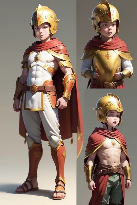 boy character model, different angles, various poses and expressions, childrens book illustration style, character sheets, white background, charming spartan soldier, golden breastplate, red cape, brown leather sandals, helmet, round shield