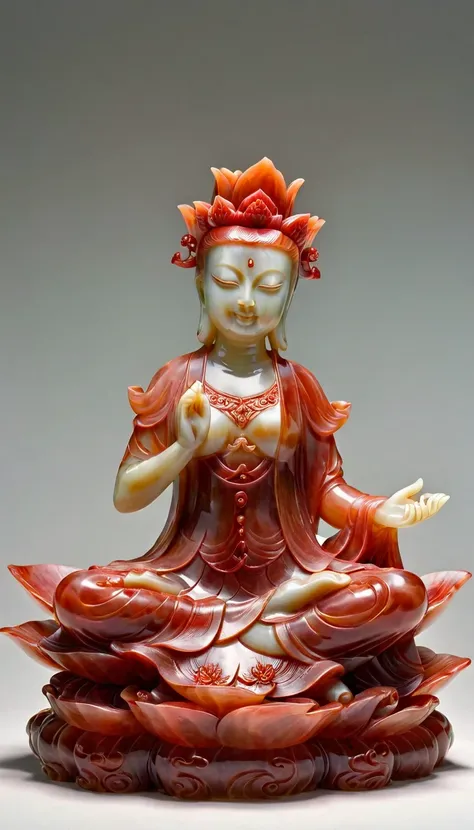 red jade ruby carved girl in lotus pose, exhibit, sculpture, detailed features, vibrant colors, studio lighting, artistry