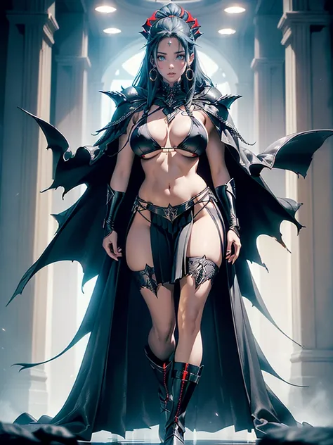 ((((Jennifer Connelly)))) as, Voluptuous, Busty White-Haired Female Dark Knight in ((((Black Full Metal)) Bikini Armor)), Red Eyes, (Thigh high Full Metal Armored Boots). (((Full Body View))), Long hair, Messy bun, (Red Cloak), (((Red Pleated Skirt))), det...