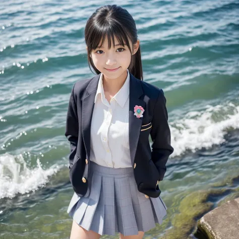 ((8K)),((Japanese)),(16 years old:1.6),(innocent face:1.5),(highly detailed face),girl,cute,uniform,blazer,Chak-patterned skirt,seaside、smile、Standing posture、water play,black hair,baby face