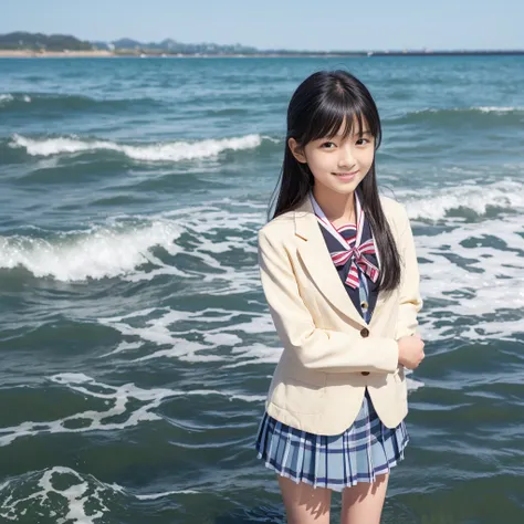 ((8K)),((Japanese)),(16 years old:1.6),(innocent face:1.5),(highly detailed face),girl,cute,uniform,blazer,Chak-patterned skirt,seaside、smile、Standing posture、water play,black hair,baby face