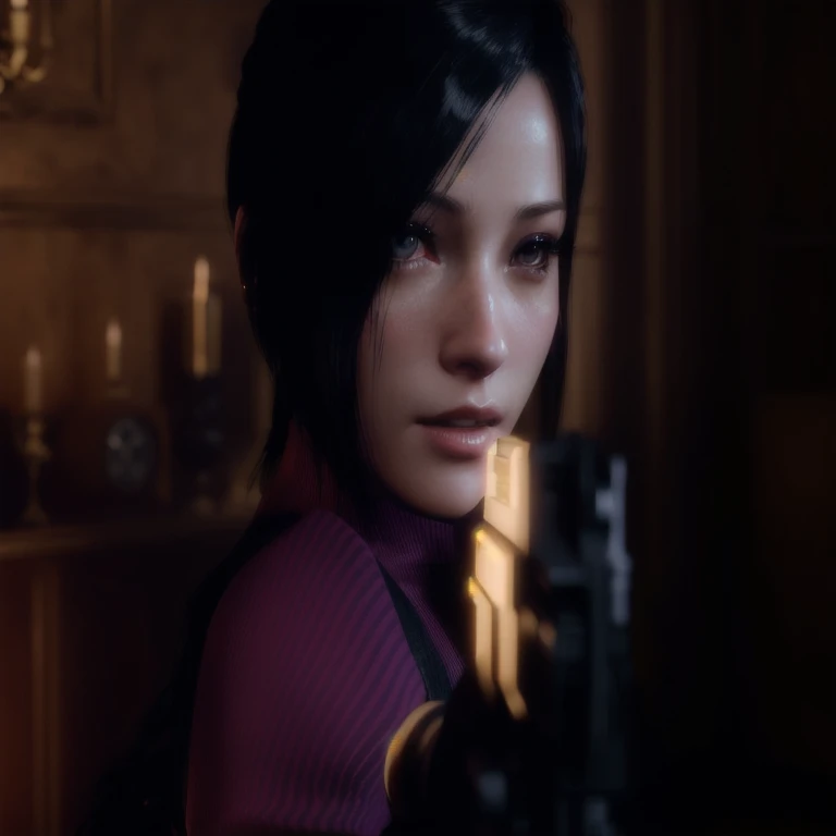 arafed woman holding a gun in a dimly lit room, 8k portrait render, glamorous jill valentine, deayami kojima, game cg, yayoi kasuma, rendered in sfm, portrait of tifa lockhart, hints of yayoi kasuma, perfect dark, photorealistic shot, video game render, fa...