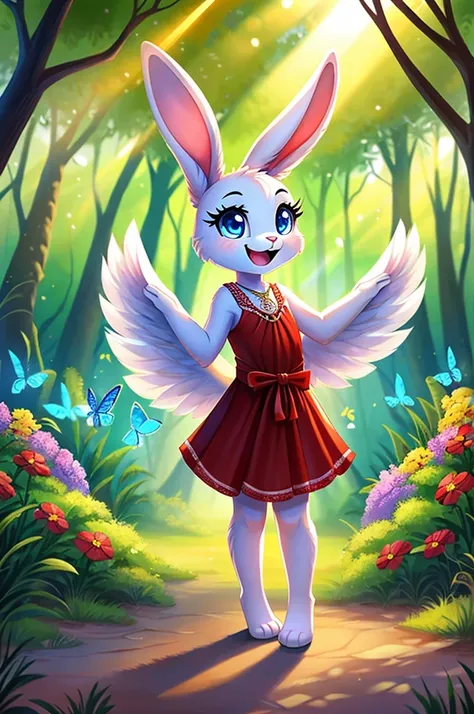 zoomed out image, ((solo character)), cute style art, fantasy style art, cute, adorable, short character, small, 7-year-old tiny little fluffy female white bunny with blue eyes, 4 ears, 2 extra ears, big floppy ears, both long ears and ears perked up, rais...