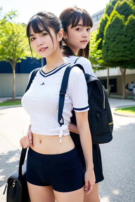 Two girls standing in the schoolyard,Plain white short sleeve t-shirt with navy blue trim,Navy blue speedo style briefs,school bag,18-year-old,bangs,A small smile,Thighs,knees,Shortcuts,Low Ponytail,From below,Front light,(Huge breasts:1.3)