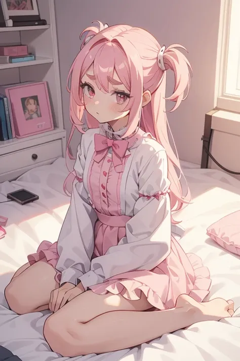 Girls with pink hair, long double-tailed hairstyle, ((small pink bushy eyebrows)), dressed in lolita clothes, marked vagina, lolicon (Zankuro) drawing style by zankuro artist, Zancro style, image uploaded to R34, changing of clothes in a room, semi naked w...