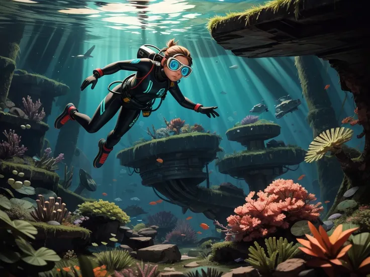 A diver exploring the deep sea, (scuba diving gear, oxygen tank), (underwater suit:1.1), (underwater exploration gear:1.1), (mysterious underwater creatures:0.9), (ancient underwater ruins:0.9), (eerie underwater lighting:1.2), (best quality, high-res, det...