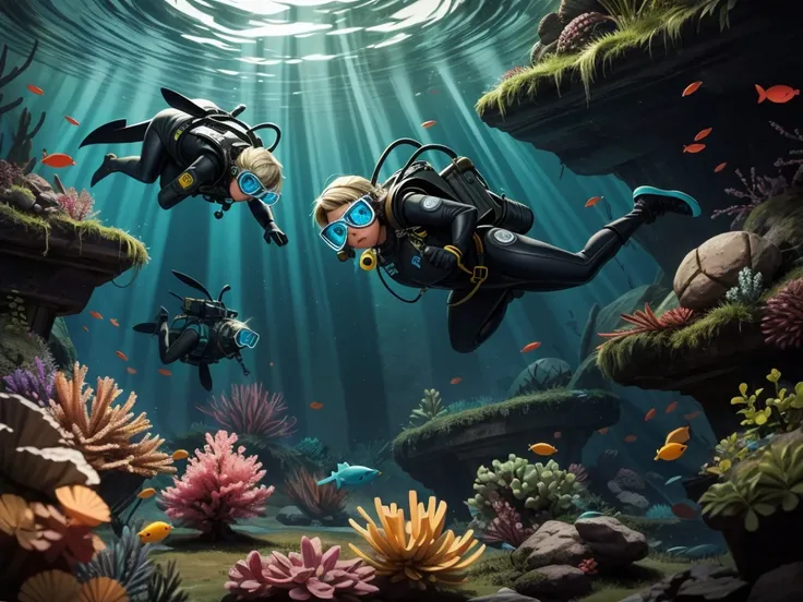 A diver exploring the deep sea, (scuba diving gear, oxygen tank), (underwater suit:1.1), (underwater exploration gear:1.1), (mysterious underwater creatures:0.9), (ancient underwater ruins:0.9), (eerie underwater lighting:1.2), (best quality, high-res, det...