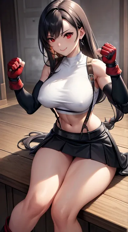 best quality, ultra-detailed, high resolution, extremely detailed CG, unity 8k wallpaper, super detailed skin, detailed, dynamic lighting, beautiful detailed eyes, defTifa, white crop top, elbow pad, fingerless gloves, suspenders, very short pleated minisk...