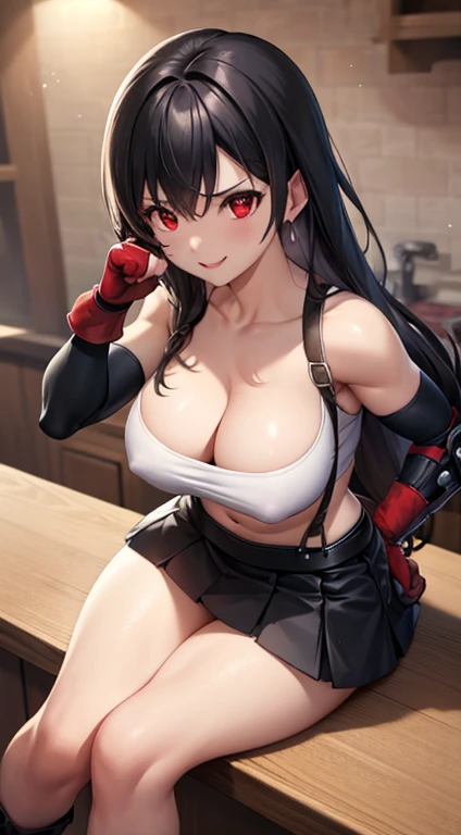 best quality, ultra-detailed, high resolution, extremely detailed CG, unity 8k wallpaper, super detailed skin, detailed, dynamic lighting, beautiful detailed eyes, defTifa, white crop top, elbow pad, fingerless gloves, suspenders, very short pleated minisk...