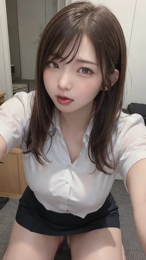 ((highest quality)), ((masterpiece)), ((Perfect Face))、21 years old,、Brown Hair、orgasm、blushed、Sweaty all over、Ahegao、office lady、Business jacket、Business Skirt、Mouth wide open、Sticking out tongue、Close ~ eyes、Close ~ eyes、Kneeling, facing the camera from ...