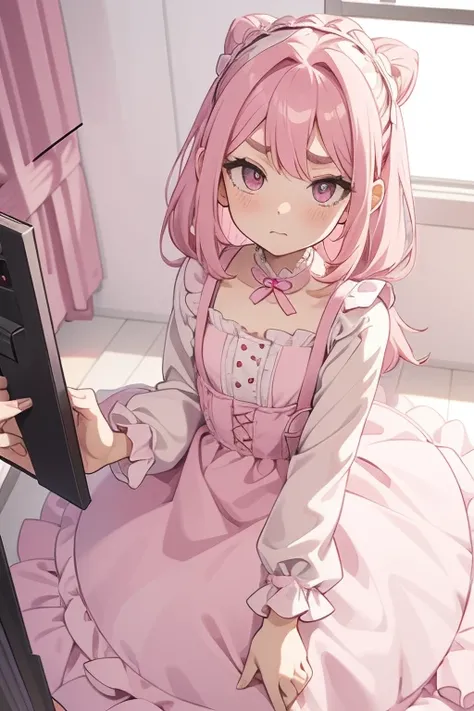 Girls with pink hair, long double-tailed hairstyle, ((small pink bushy eyebrows)), dressed in lolita clothes, (open dress), lolicon (Zankuro) drawing style by zankuro artist, Zancro style, image uploaded to R34, changing of clothes in a room, looking away,...