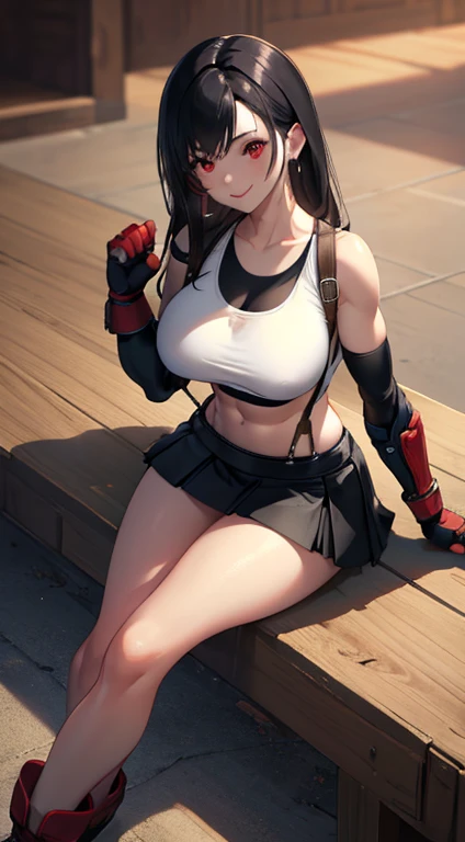 best quality, ultra-detailed, high resolution, extremely detailed CG, unity 8k wallpaper, super detailed skin, detailed, dynamic lighting, beautiful detailed eyes, defTifa, white crop top, elbow pad, fingerless gloves, suspenders, very short pleated minisk...