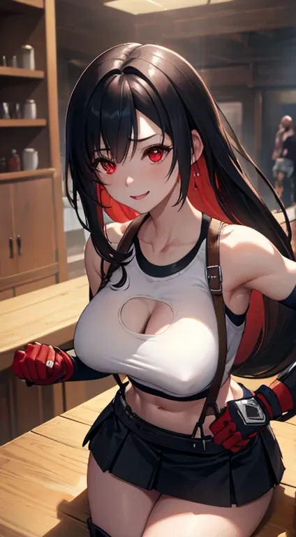 best quality, ultra-detailed, high resolution, extremely detailed CG, unity 8k wallpaper, super detailed skin, detailed, dynamic lighting, beautiful detailed eyes, defTifa, white crop top, elbow pad, fingerless gloves, suspenders, very short pleated minisk...