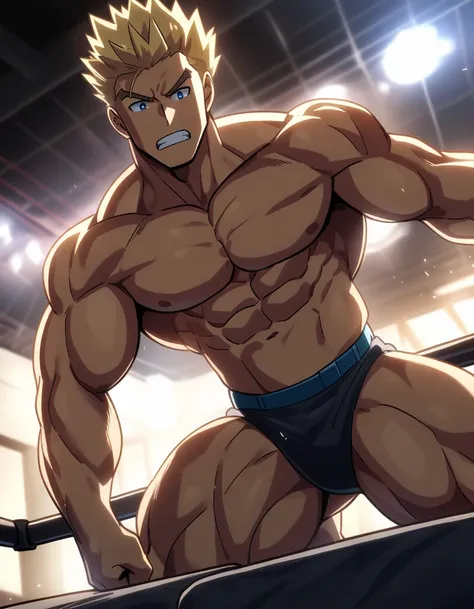 visual novel, 1guy, heavy muscular, blond, solo, black wrestling brief, topless, 25years old male, hollywood action, fighting posing, buitlfat, tsurime, sanpaku, blue eyes, hundsome guy, short spiked hair, nipppes, abs, dutch angle, on wrestling ring, high...