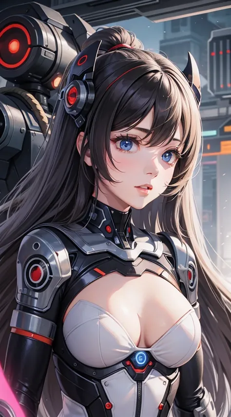 masterpiece, best quality,
1girl, solo, long hair, photorealistic, 
(finely detailed beautiful eyes: 1.2),open clothes, glowing eyes, shiny hair, lustrous skin,((1 life-like robot)), metal construction, wires and cables, (glowing eyes), (mechanical arms), ...