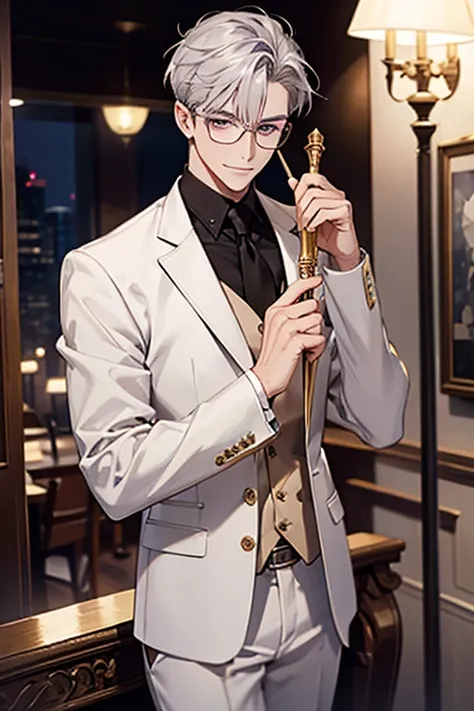 Short_silver_hair, hair_back_side, small_bangs_on the sides, 1adult_man, really_purple_eyes, beautiful_and_detailed_eyes, nice_smile, dress, white_business_suit, holding_a_silver_cane_with_gold_handle, detailed_hands, wearing_white_glasses, better_quality,...