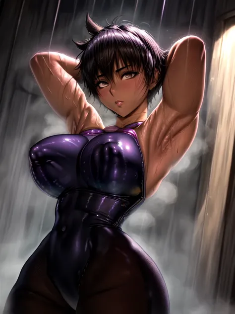 Casca in a purple latex top stretches her arms out, stop temporarily(Please raise your hand + blush), Anatomically correct,(((Big Breasts))),Protruding nipples,((Sweaty skin))Toned arms, Thin upper arms, with Please raise your hand, Underarm, Smooth body f...