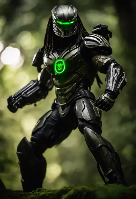 Predator, Full body photo, Authentic background, Omnitrix emblem emblazoned on the chest.