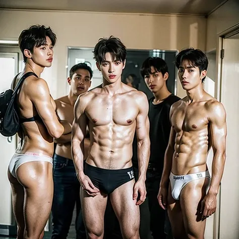 Txt kpop group , boys group ,  wearing thongs 