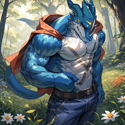 forest，阳光照在forest上，morning，，muscle，cloak，jeans，flower，grassland，solo,exveemon