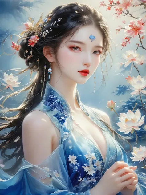 embroidery，立体embroidery，(A gorgeous blue Suzhou embroidery pattern hangs on the wall)，Blue and white petals，丝绸材质embroidery，The inspiration of Yao Jianping&#39;s Suzhou embroidery dream，translucent，Rich cleavage，On silk，Alcohol ink art