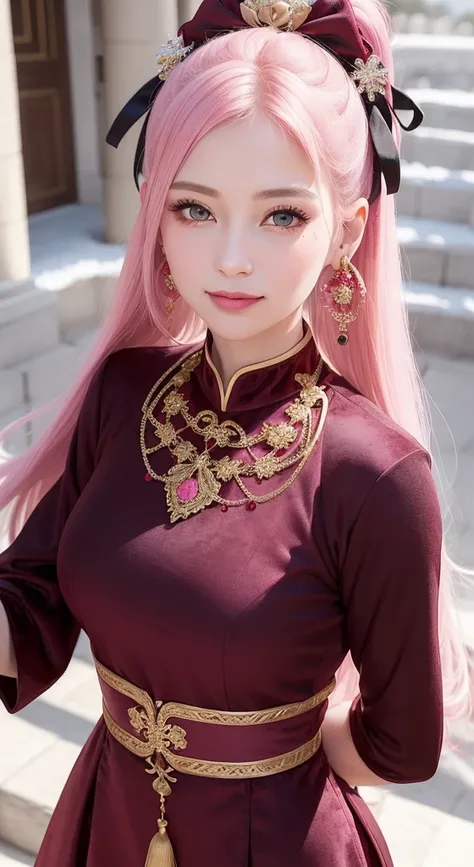 Female((30year old)), hair((straight, pink)), eyes((smart eyes, black)), clothes((velvet, dress, red, maroon)), hair ribbon, braid hair, chocker, pom pom earrings, gigantic , Forbidden City Beijing, smiling, snow flake, Christmas ornaments,