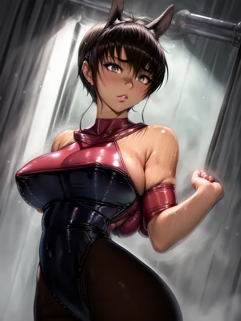 Casca in a white latex top with her arms outstretched, Temporarily stop(Please raise your hand + blush), Anatomically correct,(((Big Breasts))),Protruding nipples,((Sweaty skin))Toned arms, Thin upper arms, with Please raise your hand, Underarm, Features o...