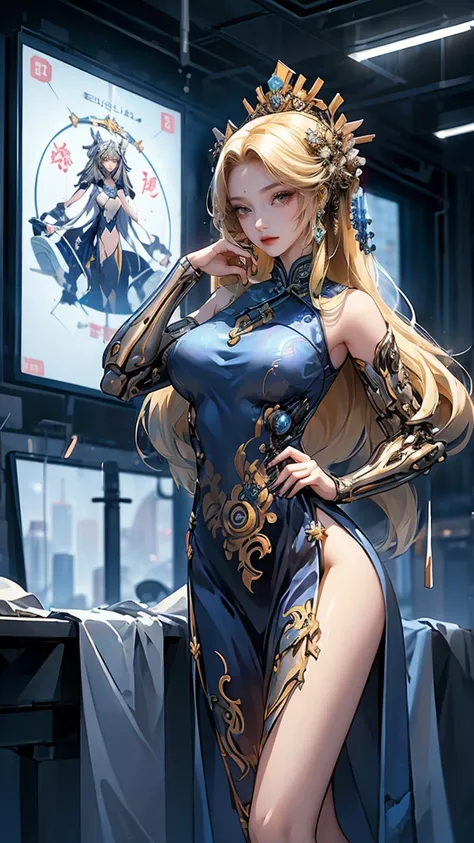 a woman in cheongsam, mechanical arm, 1girl, drill hair, long hair, blonde hair, gradient hair, yellow eyes, solo, huge breasts, big hair, blue hair, tiara, divine goddess, looking at viewer, indoors, cyberpunk city, sexy pose, dynamic pose, astraea, cyber...