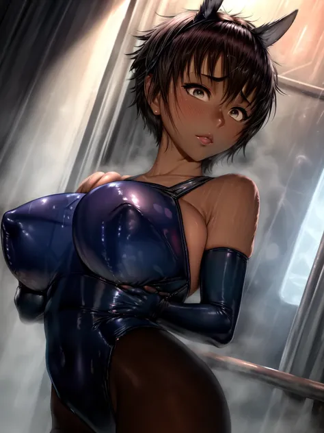 Casca in a blue latex top with her arms outstretched, stop temporarily(Please raise your hand + blush), Anatomically correct,(((Big Breasts))),Protruding nipples,((Sweaty skin))Toned arms, Thin upper arms, with Please raise your hand, Underarm, Smooth body...