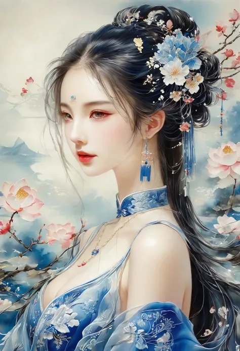 embroidery，立体embroidery，(A gorgeous blue Suzhou embroidery pattern hangs on the wall)，Blue and white petals，丝绸材质embroidery，The inspiration of Yao Jianping&#39;s Suzhou embroidery dream，translucent，Rich cleavage，On silk，Alcohol ink art