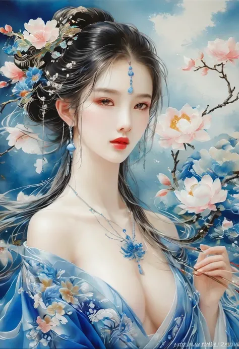 embroidery，立体embroidery，(A gorgeous blue Suzhou embroidery pattern hangs on the wall)，Blue and white petals，丝绸材质embroidery，The inspiration of Yao Jianping&#39;s Suzhou embroidery dream，translucent，Rich cleavage，On silk，Alcohol ink art