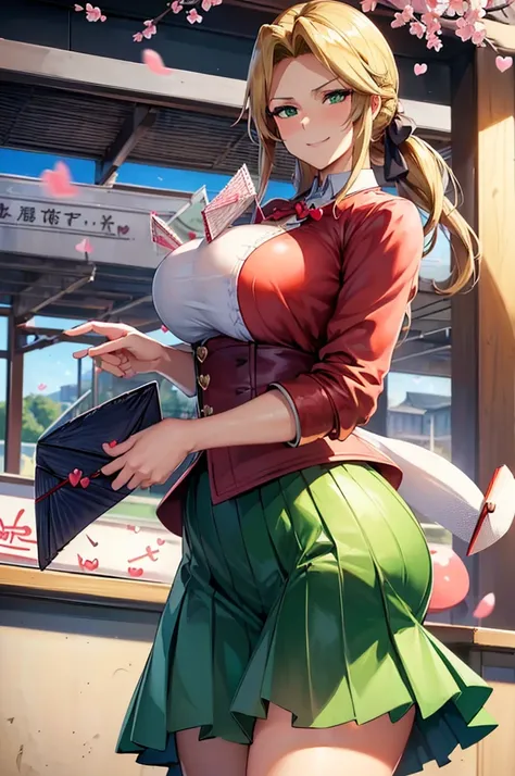 K(A sloppy smile, the face we are looking for, Mischievous face:1.9)8Kんで((((handing over a love letter:1.９))))((woman,Huge , (Huge breasts:1.4),Are fat,とても唇が赤いHuge breastsを強調,Big Ass,Narrow waist,Long legs,Green Eyes立っている)) 8k((((Anime Style),(The facial e...