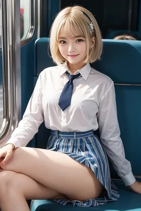 highest quality、masterpiece、High school girl、((1 girl))、((She is sitting on a train chair with her legs wide open))、((Photographed from the front))、(((The skirt is rolling up)))、(((White and blue striped panties are visible)))、((Blonde short bob hair))、Asy...