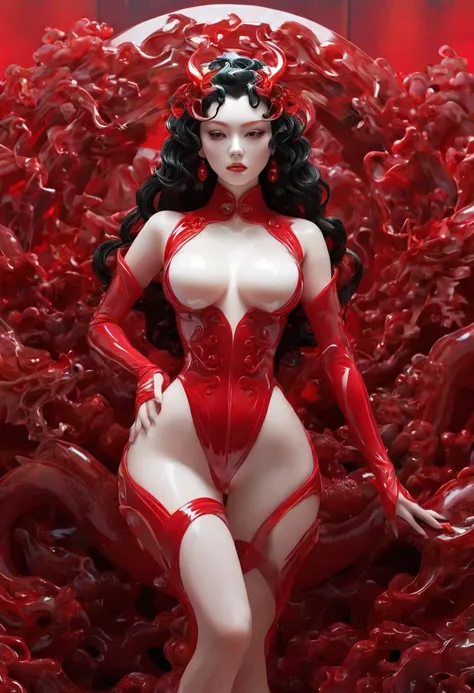 (masterpiece, best quality:1.2), jade style，1 beautiful chinese girl, solo，fullbody shoot，helllady，((Best quality)), ((Masterpiece)), ((Realistic))，axial symmetry:2, magnificent ruby hell background in scarlet style，white mixed latex，sexy，eye shadow，detail...