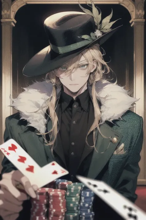 best face, blond hair, Clear eyes, suit, overcoat, Fyodors hat, average hair length, green colored eyes, Medieval times, card player, casino, in full height