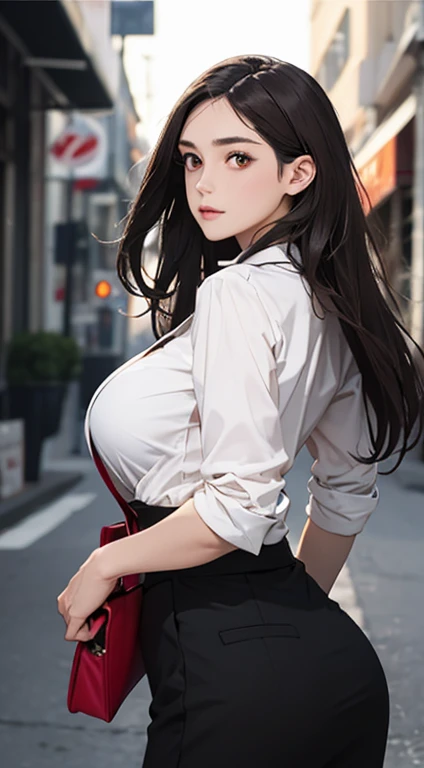 ((Best quality, 8k, Masterpiece :1.3)), Sharp focus :1.2, A pretty woman with perfect figure :1.4, Slender abs :1.2, ((long hair , Big breasts :1.2)), (Blazer over very thin white button up shirt :1.1), City street:1.2, Highly detailed face and skin textur...