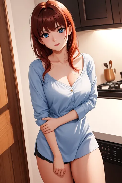 indoor, In the kitchen,
Standing on the floor,
apron, clavicle, (黄color_shirt),
bangs, Brown Hair, blue eyes,Single Blade, Orange hair ribbon, 
1 girl, 20 years,young woman,beautiful Finger,beautiful long legs,beautiful body,beautiful Nose,beautiful charac...