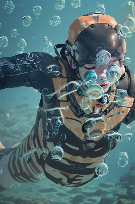 ((general shot:1.6)), Unreal Engine:1.4, Ultra-realistic, photorealistic CG K:1.4, Skin texture:1.4, (((1 professional diver, with diving equipment, Wears a diving mask, goggles: 1.7, studying the seabed:1.7))), ((Fantastic underwater world with colorful r...