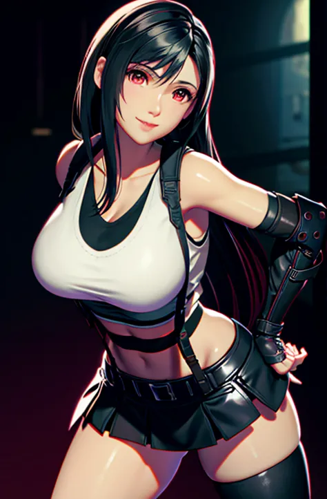 tifa lockhart, tifa_lockhart,  final fantasy 7, sultry face, (white vest:1.5), black latex miniskirt, (black long hair), bangs (...