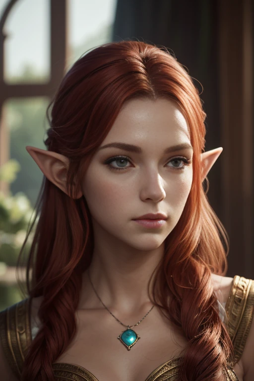 Ancient, noble elf, Celestia, Scarlet hair, rings, female creature, prehistoric era, heiress, Extremely realistic shading, masterpiece, extremely detailed, photorealistic, perfect lighting,