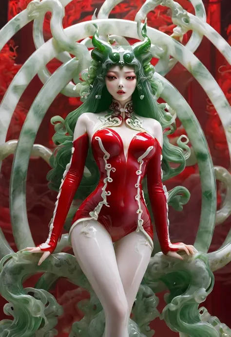 (masterpiece, best quality:1.2), jade styl，red，white，green，1 beautiful chinese girl, solo，fullbody shoot，helllady，((Best quality)), ((Masterpiece)), ((Realistic))，axial symmetry:2, magnificent ruby hell background in scarlet style，white mixed latex，sexy，ey...