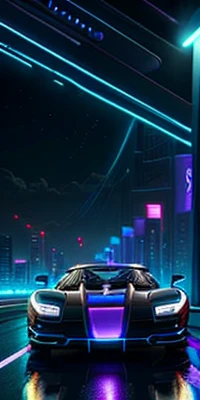 hot wheels toy with a futuristic theme background that looks natural and not edited, centered in the image, Black and White Hot Wheels 2020 Koenigsegg Jesko, retrowave. road, purple neon lights, (masterpiece,detailed,highres),