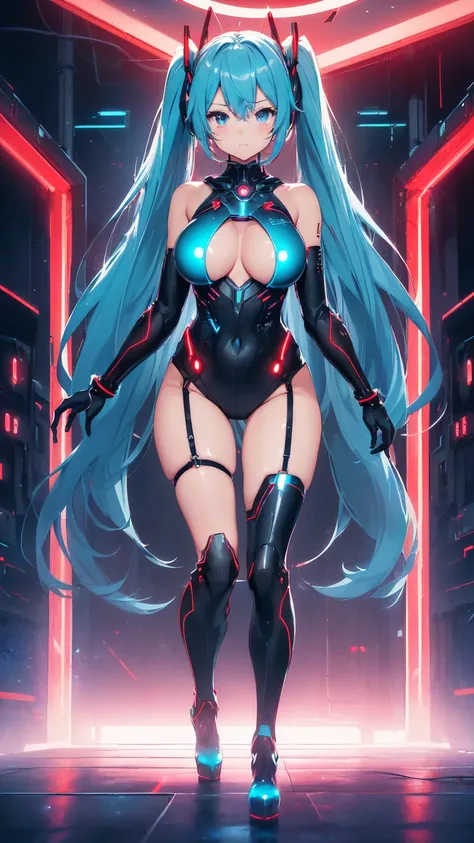 最high quality、Best image quality、masterpiece、Hatsune Miku VOCALOID、、Android Girl((18-year-old、red, A glowing black and blue cyber suit、Blue energy source on chest,Best Bust、Big Breasts、Bust 90、Twin tails、Light blue eyes、Light blue hair、Open your chest wide...