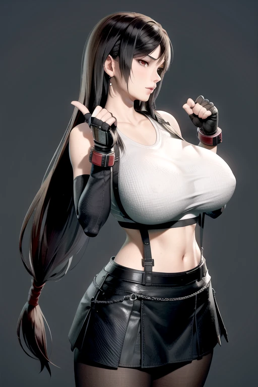 game_Tifalok Heart_Aiwaifu,Aiwaifu,Suspenders,tifa lockhart,crop top,elbow Gloves,fingerless Gloves,Gloves,Long hair,Vest,Black Hair,diaphragm,black skirt,skirt,low-tied Long hair,suspender skirt,High Leg Raise,black High Leg Raise,earrings,jewelry,black G...