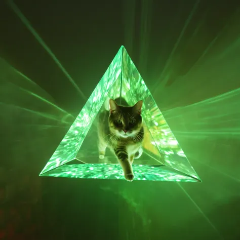 1cat，blingbling，the upper body of a cat flies out of the prism，transmit，motion blurred，triangle，movie-level lighting effects，clo...