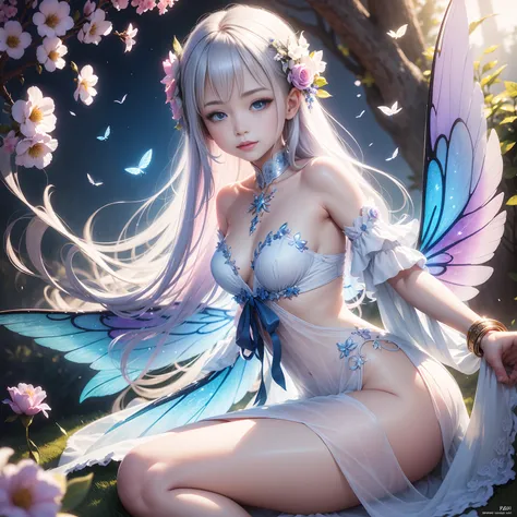 Beautiful Transparent Flower Fairy Fairy Dress, Wavelength dispersion, colored glaze, Multicolor prism effect, Rainbow Core, iris, Transparent colorful feathers, Beautiful blue sky and white clouds、The girl has transparent wings､Smiling Kindly､Beautiful ga...