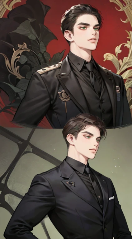 ((a young man in a black suit and tie)), taken in the early 2020s, gotham, alejandro, he looks very sophisticated, (((left side swept black short hair))), (dark green eyes and thick eyebrows), smirk. ((20 years old)), ((Black suite and black tie)), masterp...